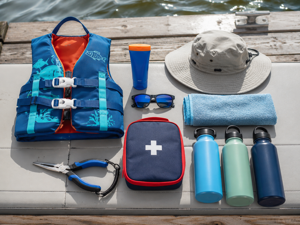 Life jacket, sunscreen, water, and safety gear prepared for a family fishing trip.