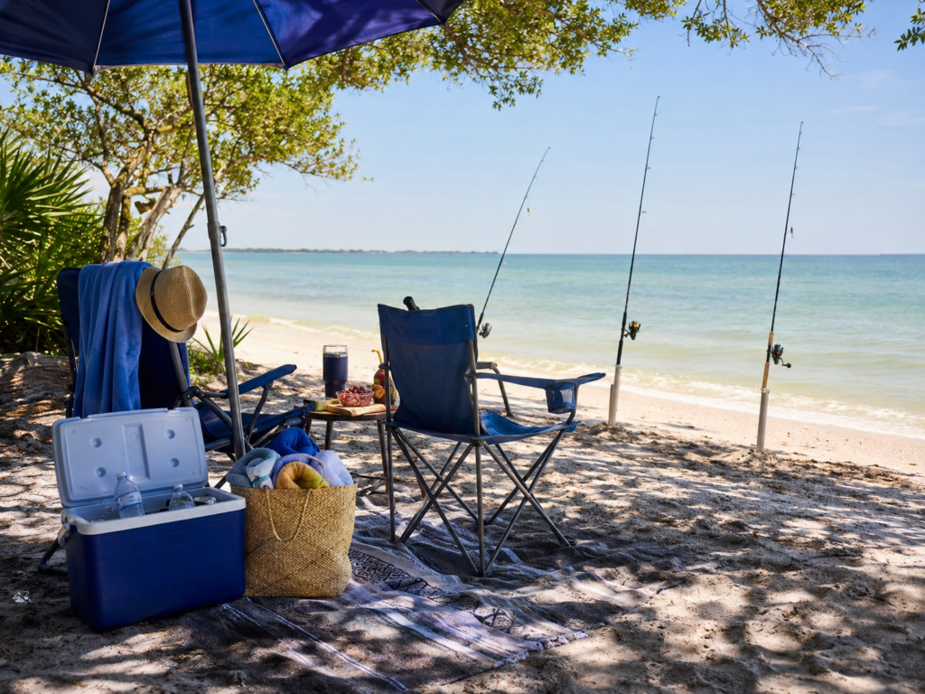 Shaded beach fishing setup with snacks, drinks, chairs, and rods for a family fishing day.