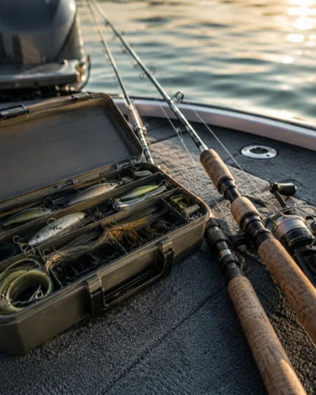 Tackle box and fishing rod and real on deck of a Gulf Coast fishing boat