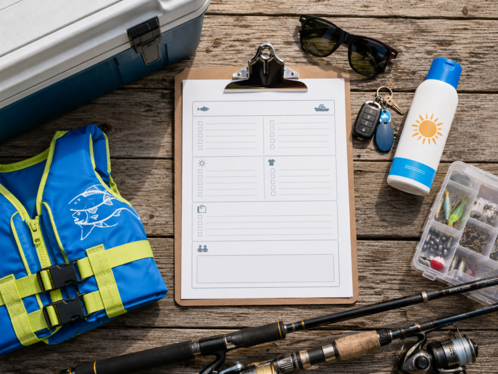 Fishing trip preparation guide with family fishing gear, safety items, and tackle.